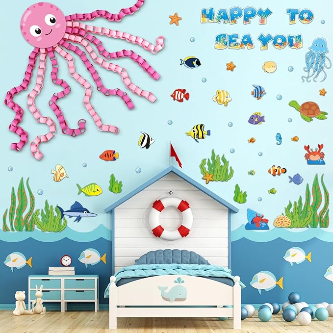 Justforjoyful 93 Pcs Sea Animal Bulletin Board Summer Classroom Decoration Under the Octopus Cutouts for Kids School Supplies Happy to Sea You Paper Wall Decor Summer Ocean Fish Cardstock Party Decor