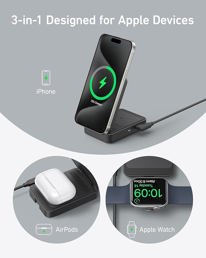 Anker MagGo 3 in 1 iPhone 17 Charging Station, MagSafe-Compatible Wireless Charger Stand, Qi2 Certified 15W Foldable Charger for iPhone 17/16/15/14/13/12, AirPods, Apple Watch Ultra(Adapter Included)