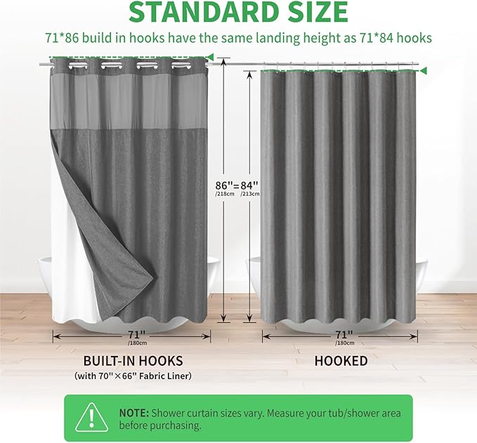 Extra Long No Hooks Needed Linen Textured Shower Curtain with Snap-in Fabric Liner Set,White Hotel Luxury Decor Shower Curtains for Bathroom,Waterproof & Washable,71Wx86H,Charcoal Grey