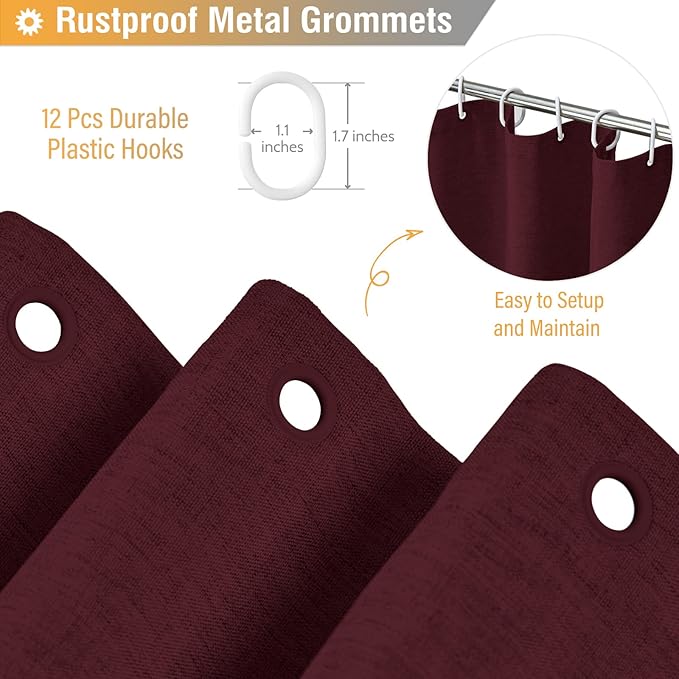 BTTN Burgundy Shower Curtain - Linen Textured Heavy Duty Waterproof Cloth Shower Curtain Set with 12 Plastic Hooks, Hotel Spa Luxury Simple Decorative Thick Fabric Shower Curtains for Bathroom - 72x72