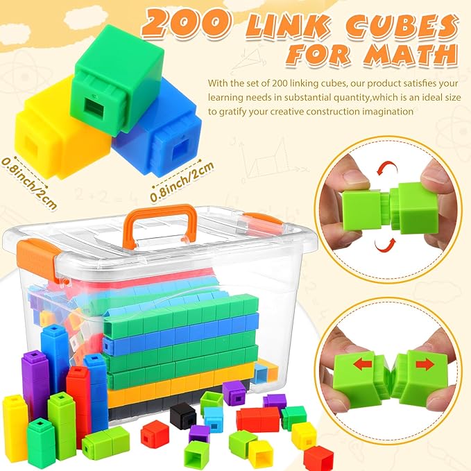 Jenaai 200 Pcs Math Cubes Counting Blocks Linking Connecting Cubes Math Manipulatives with Storage Container Educational Toy for Kids Age 4-8 Kindergarten STEM Activities Preschool(Orange)