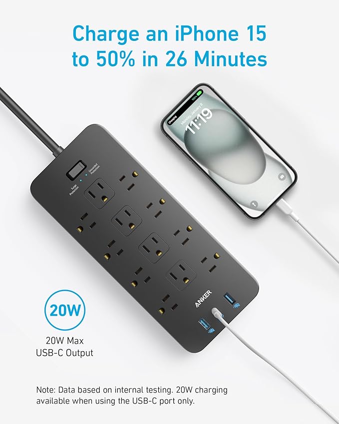 Anker Power Strip with 2100J Surge Protector, Outlet Extender, 10ft Extension Cord with Multiple Outlets, 12 AC, 2 USB A,1 USB C Port for 20W, Home Office, Dorm Room Essentials, TUV Listed