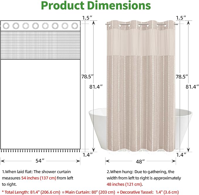 No Hook Stall Shower Curtain with Snap-in Fabric Liner - 54x80 Heavy-Duty Linen Textured Striped Design,Narrow Rustic Modern Farmhouse Bohemian Bathroom Curtain,Water-Repellent,Tan/Taupe