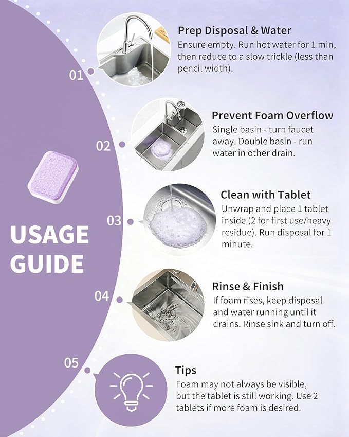 Garbage Disposal Cleaner Deodorizer Tablets - 24 Pack Powerful XL Sink Disposal Cleaner Foaming Tablet, Lavender Foam Garburator Disposer Freshener, Natural Kitchen Drain Cleaning Care, 1 Year Supply