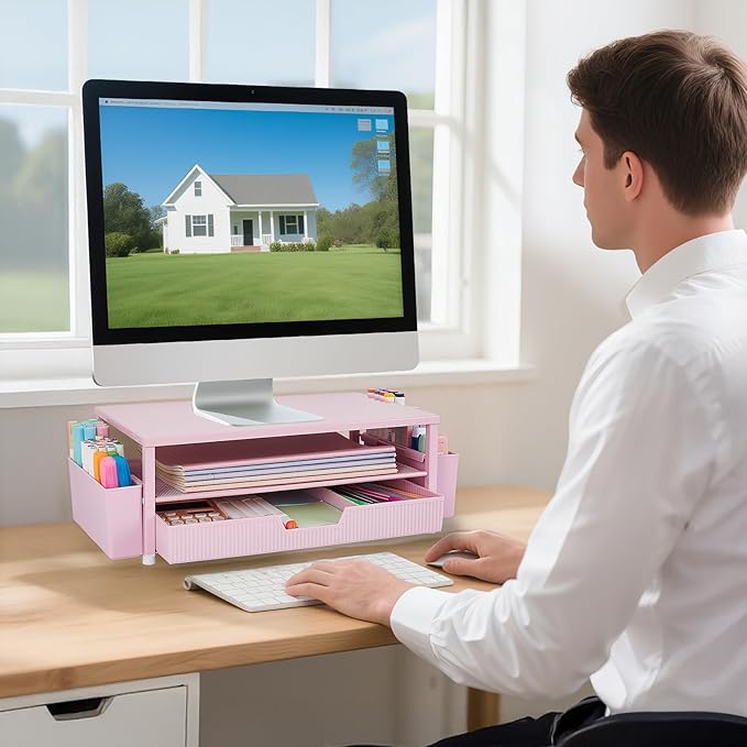 Desk Organizer and Accessories, 2-Tier Computer Monitor Stand Rise with Storage Drawer & 2 Pen Holders, Laptop & Printer Stand for Desktop, Workspace Organizers for Office Supplies (Pink)