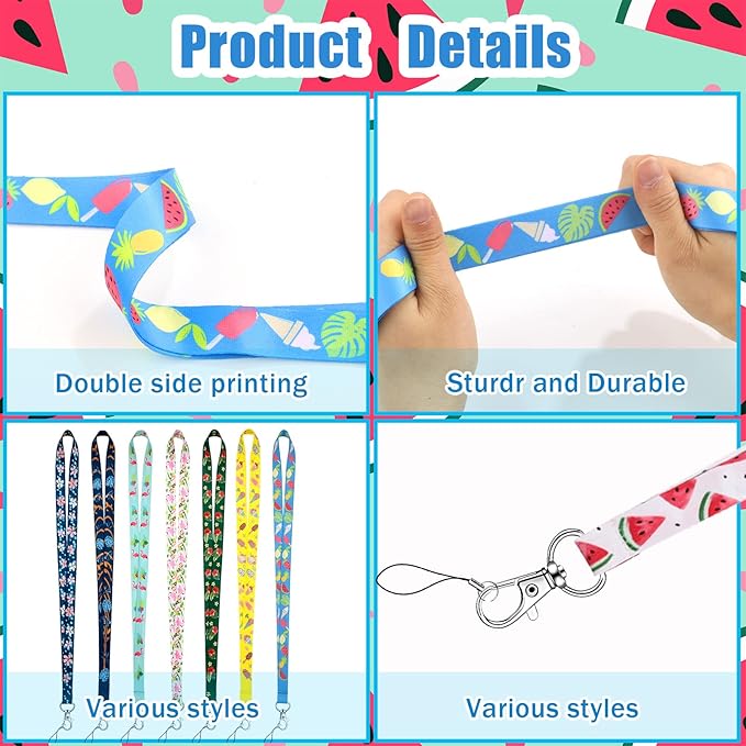 Marspark 14 Pcs Seasonal Holiday Lanyards for ID Badges Summer Lanyards Flamingos Watermelon Lemon Keychains Bulk for Seasonal Holiday Teacher Office Supplies