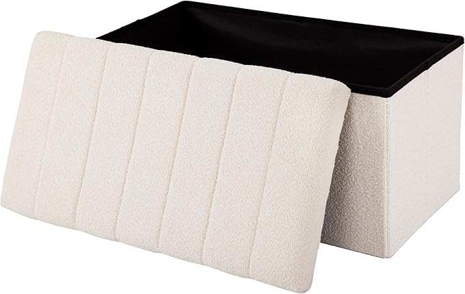 Seville Classics Cushioned Fabric Ottoman Hidden Storage Chest Footrest Chair, Padded Seat for Bedroom, Dorm, Loft, Living Room, Entryway, Hallway, White Boucle, 30" Bench