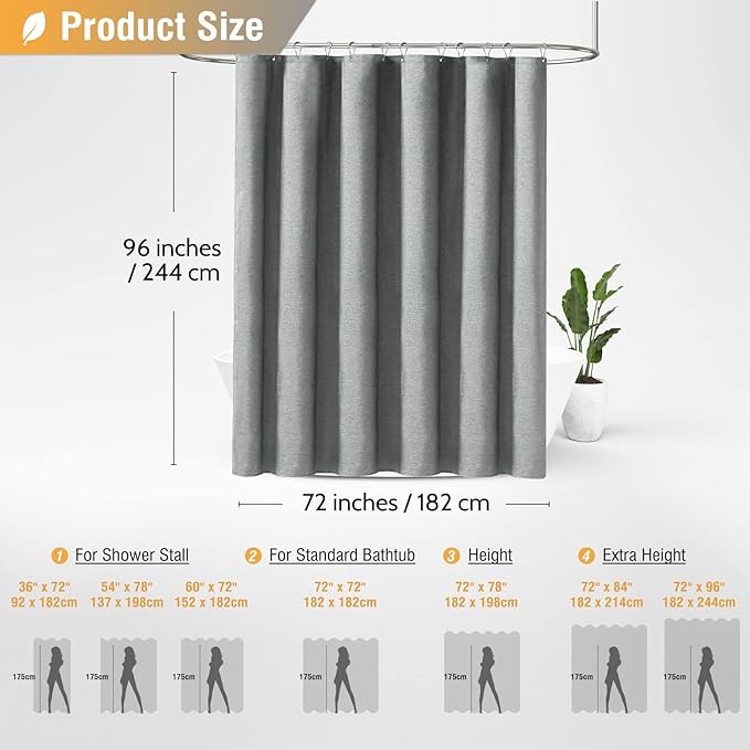 BTTN Fabric Shower Curtain, Linen Textured Heavy Duty Polyester Cloth Shower Curtain Set with Plastic Hooks, Grey, 72x96