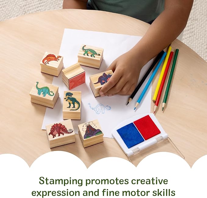 Melissa & Doug Wooden Stamp Set: Dinosaurs - 8 Stamps, 5 Colored Pencils, 2-Color Stamp Pad - FSC Certified