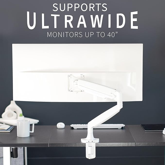 VIVO Premium Aluminum Heavy Duty Single Monitor Arm for Ultrawide Monitor up to 40 inches and 32.5 lbs, Desk Mount Stand, Pneumatic Height, Max VESA 100x100, White, STAND-V101QW
