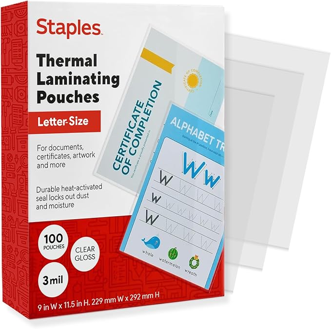 Staples Thermal Laminating Pouches, Letter Size, 9 x 11.5 Inches, 3 Mil, 100/Pack, for Office & School Use