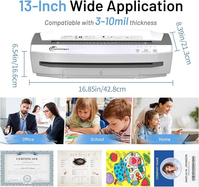 3-10 Mil Laminator Machine, 4-Roller Commercial Laminator Machine with 50 Laminating Sheets, 13 Inch Laminating Machine 11X17 with 1000mm/min Speed & REV Jam-Free for Office School Home