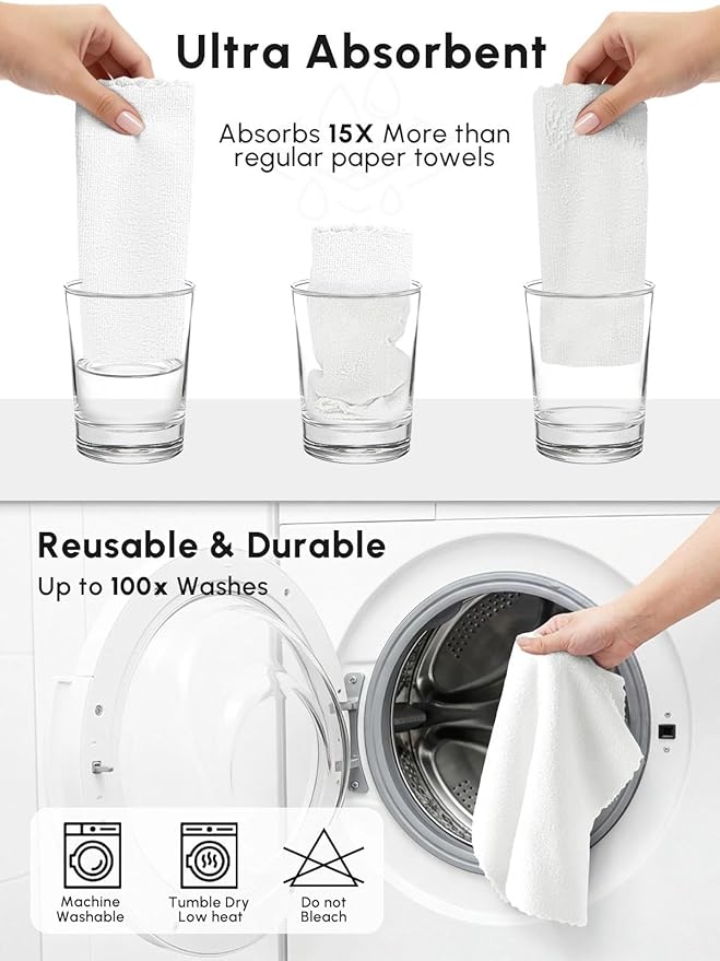Microfiber Cleaning Cloths Roll, 75 Pack Tear Away Microfiber Towels Roll, 12" x 12" Lint Free Rags, Reusable Cleaning Cloths, Washable, Scratch Free,Ultra Absorbent Dish Rags(White)