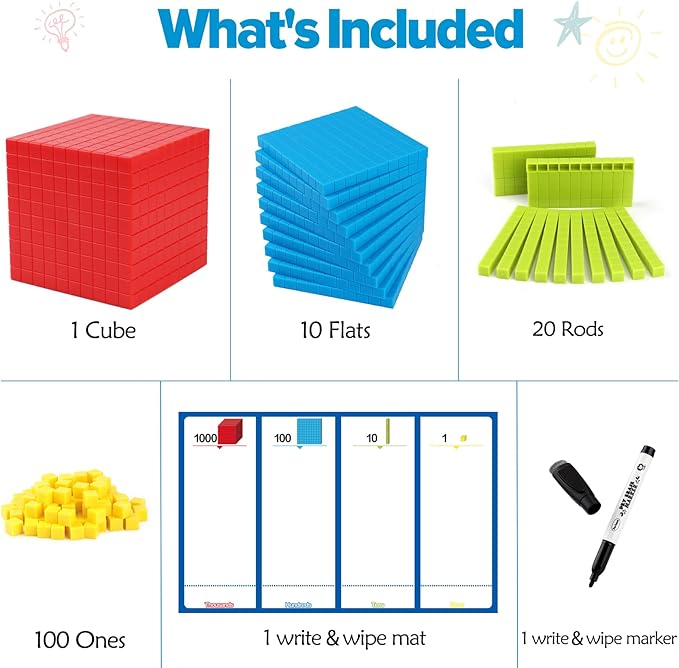 Torlam 131 PCS Base Ten Blocks - Place Value Blocks, Plastic Base 10 Math Manipulatives for 1st Grade, Addition and Subtraction Games Math Counters and Cubes for Kids