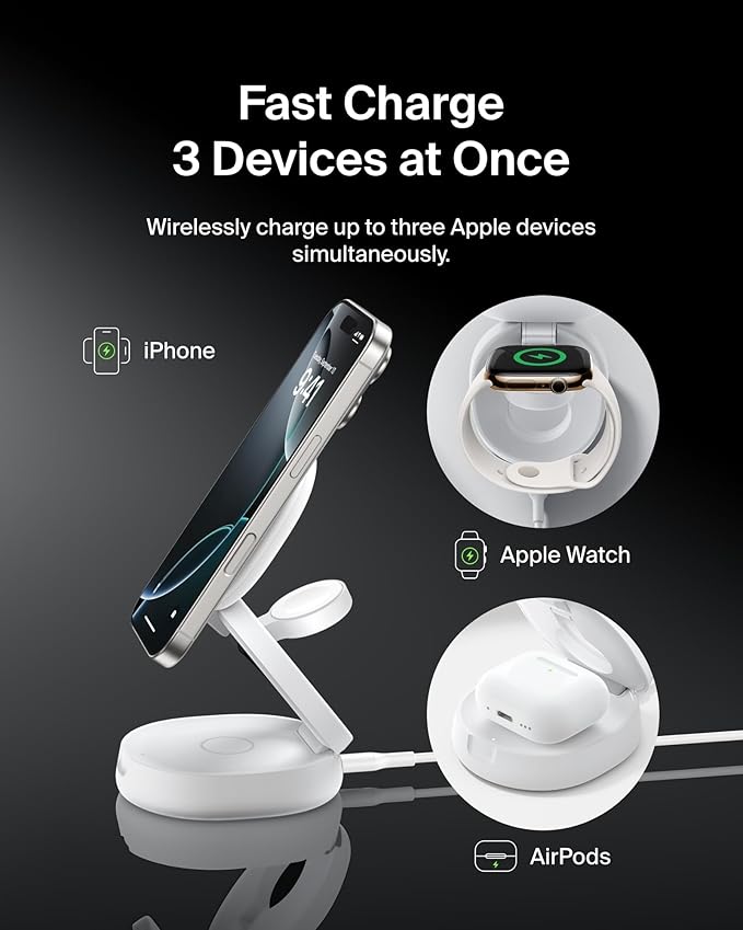 Belkin MagSafe Charger Compatible, 3-in-1 Qi2 15W Wireless Charging Station, Convertible Wireless Charger for iPhone 17, Apple Watch, AirPods, Pixel 10, Phone Stand for Travel w/ 36W Adapter - White