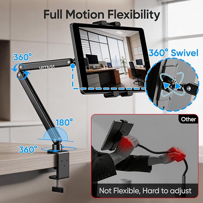 Urmust Portable Monitor Stand 15.6", iPad Stand for Desk, Portable Monitor Holder up to 18.5", Adjustable Desktop Tablet Arm Mount, Apple iPad Holder for Desk, for 4.7"-12.9" iPad Pro/Air/Mini