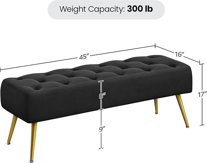 Yaheetech 45" Black Ottomans, Velvet End of Bed Bench, Ottoman Foot Rest with Gold Legs for Living Room, Bedroom, Entryway, Black