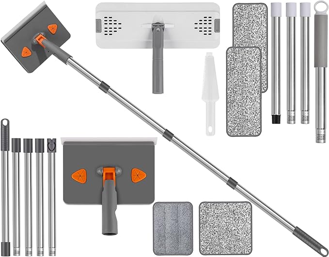 Mops for Floor Cleaning with 57" Long Handle, Baseboard Cleaner Tool with 84" Handle, 2 Reusable Pads, Wet and Dust Mopping for Hardwood, Laminate, Tile Floor, Skirting Board, 7Pcs Gray