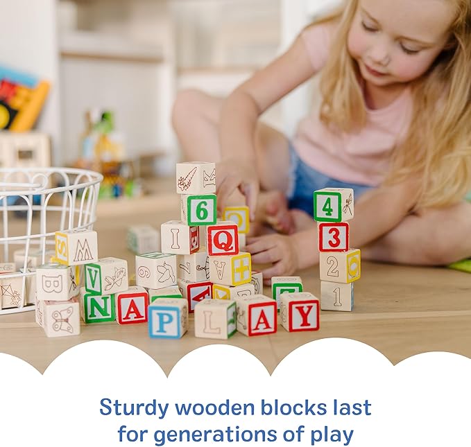 Melissa & Doug Deluxe Wooden ABC/123, 50-Piece Set of Classic Letter & Number Wooden Blocks (1” x 1”) with Storage Pouch, Sorting & Stacking Toys for Kids Ages 2+