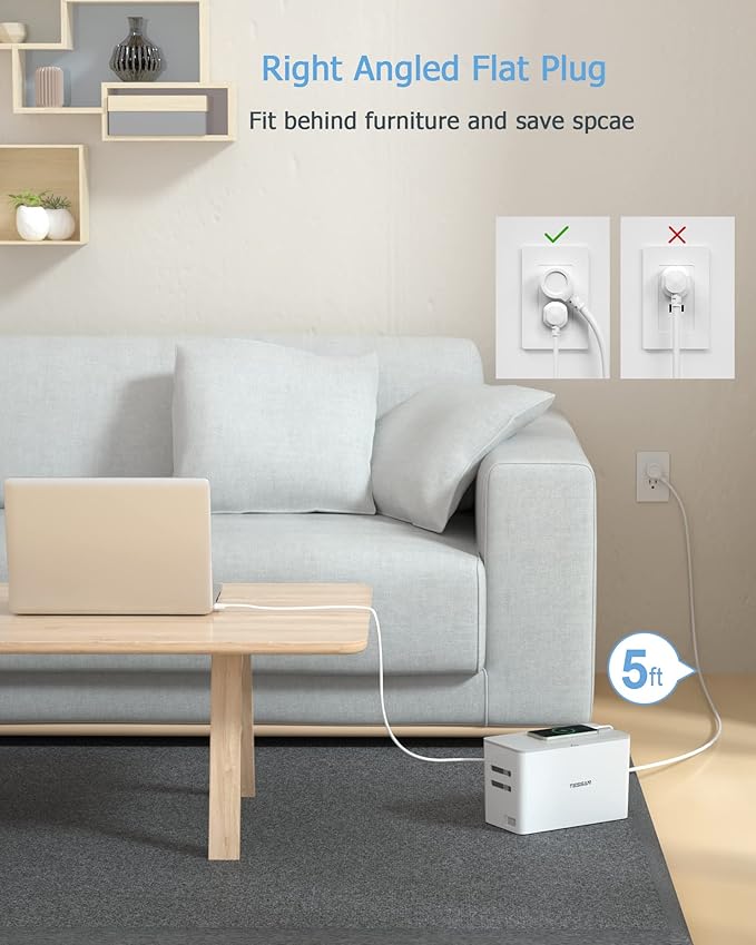 TESSAN Power Strip with Cable Management Box, 5 ft Flat Plug Extension Cord, 4 Outlets 2 USB Ports with Overload Switch, Mountable White Power Cord Organizer Charging Station for Dorm, Office, Home