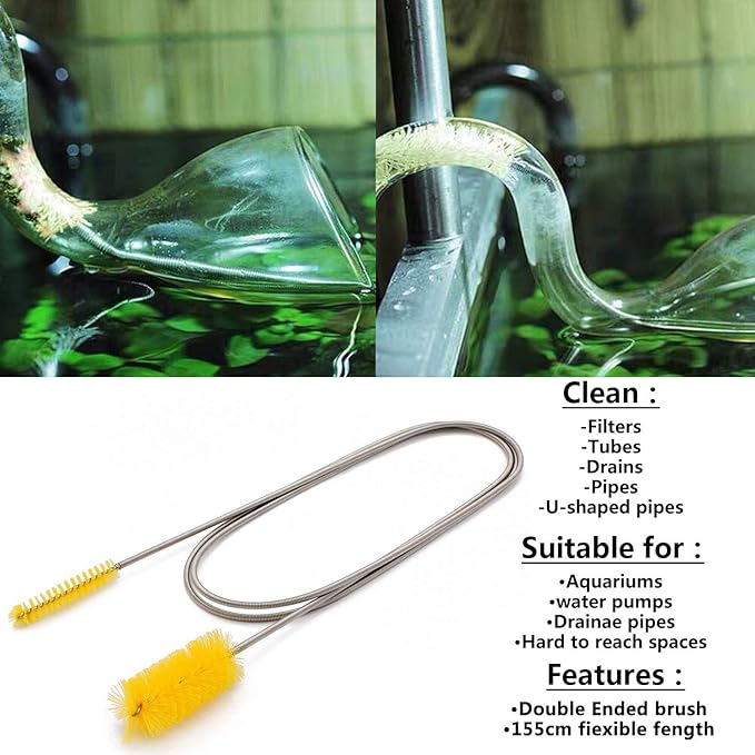 Flexible Drain Brush, Nylon Cleaner Double Ended Elastic Hose Pipe 67-inch and 2 PCS 8.2-inch Straw Cleaning Brush (Yellow)