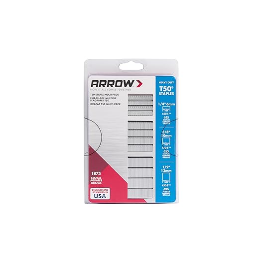 ARROW 50MP T50 Heavy Duty Staples Multipack, Staples for Upholstery, Crafts, General Repairs, Includes 1/4", 3/8" and 1/2" Sizes, 3/8" Crown Size, 1875-Pack