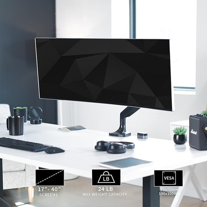 VIVO Premium Aluminum Heavy Duty Single Monitor Arm for Ultrawide Monitor up to 40 inches and 24 lbs, Desk Mount Stand, Pneumatic Height, Max VESA 100x100, Black, STAND-V101Q