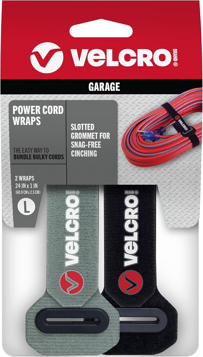 VELCRO Brand Power Cord Wraps | 24 Inch Extra Long Heavy Duty Straps for Extension Cords, Hoses, Garage Organization | 2-pack | Reinforced Head with Slotted Grommet | Black and Gray