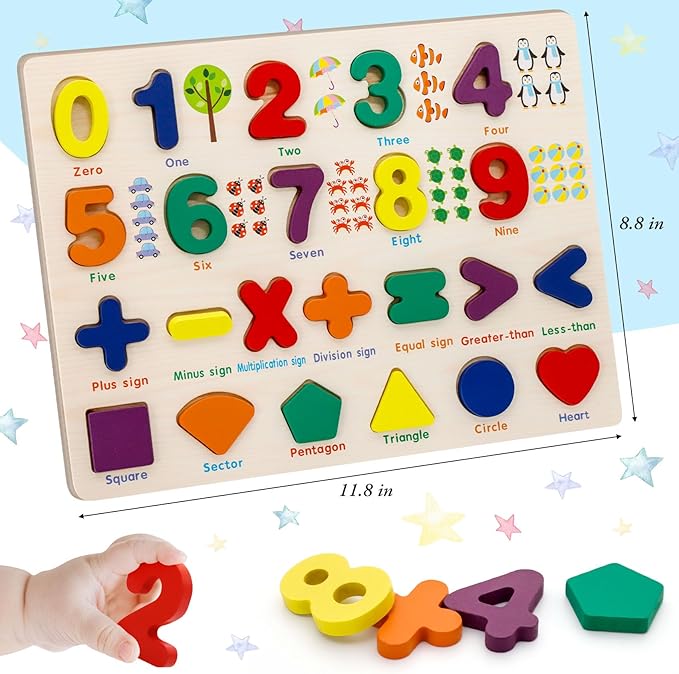 Number Puzzle Wooden Puzzles for Toddlers, Shape Learning Puzzles Toddler Toys with Puzzle Board & Letter Blocks, Preschool Educational for Girls Boys, Pattern Number