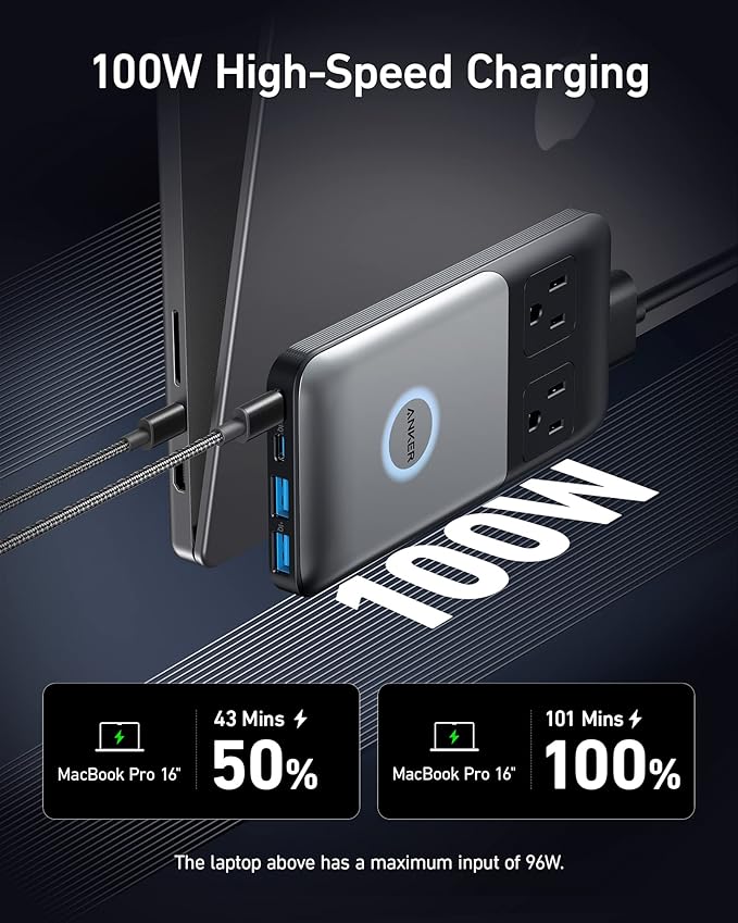 Anker 727 Charging Station (GaNPrime 100W), Compact Power Strip for Travel, Work, 5 ft Detachable Extension Cord with 2 Outlets and 4 USB Ports, for iPhone 14, Samsung, iPad, MacBook (Not a Battery)