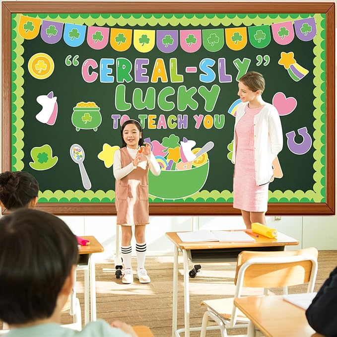 St. Patrick's Day Bulletin Board Set March Classroom Decorations Lucky Shamrock Unicorn Paper Cutouts St. Patrick's Day Green Bulletin Board Borders for School Wall Door Decor