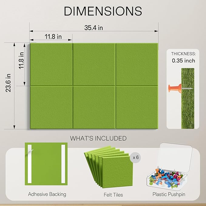 MaxGear Large Cork Board for Wall 36" x 24", Forest Green Bulletin Board, 6 Pack Felt Wall Tiles with Pushpins, Cork Boards for Office Pin Board Tack Board Cork Boards