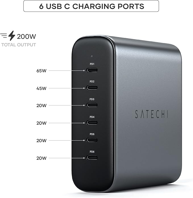 Satechi 200W 6-Port GaN Charging Station, 2 140W USB-C and 4 USB-C, Fast Charging Travel Charger for Multiple Devices, for MacBook Air/Pro M5/M4, iPad Air/Pro M5/M4, iPhone 17/16, Thunderbolt Devices