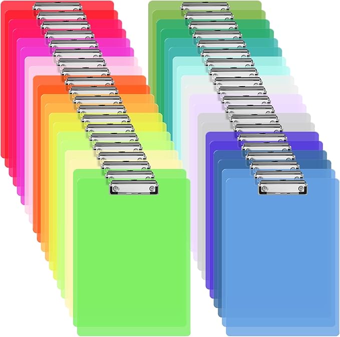 40 Pcs Plastic Clipboards Bulk 20 Assorted Colors 12.5 x 9 In Clear Colored Clip Board Standard A4 Letter Size Low Profile Clipboard Portable for Classroom Office Supplies Students Back to School