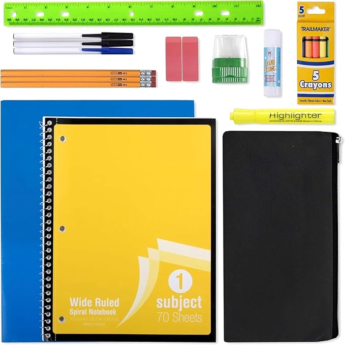 Trail maker 24 Pack Bulk Back to School Supplies for Kids | 20 Piece School Supply Kits in Bulk for Kindergarten, Elementary, K-12 with Notebook, Crayons, Pencils, and More