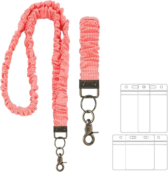 Marspark 2 Set Scrunchie Lanyards with 4 Card Holders for ID Badges and Keys Cute Stretchy Scrunchie Neck and Wrist Lanyards for Teacher Women Nurses School Office Supplies(Pink, Striped)