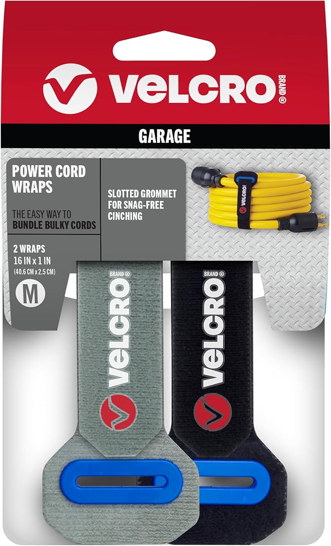 VELCRO Brand Power Cord Wraps | Heavy Duty Straps for Extension Cords, Garage or RV Organization | Slotted Grommet for Strong Snag Free Cinching | 16 Inch, 2Pk, Black and Gray