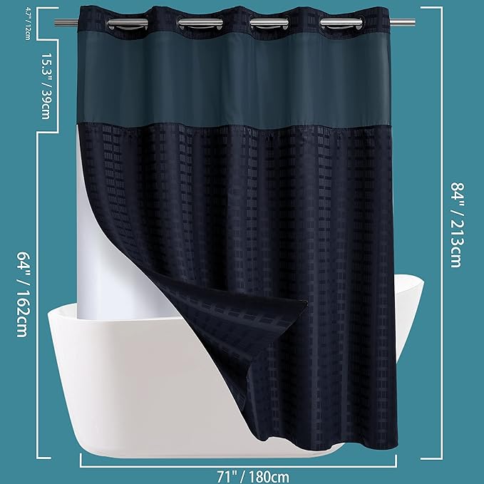 Conbo Mio Extra Long No Hook Shower Curtain with Snap in Liner Set, Hotel Luxury Black Shower Curtains for Bathroom with See Through Top Window, Waterproof, Washable 71W x 84H