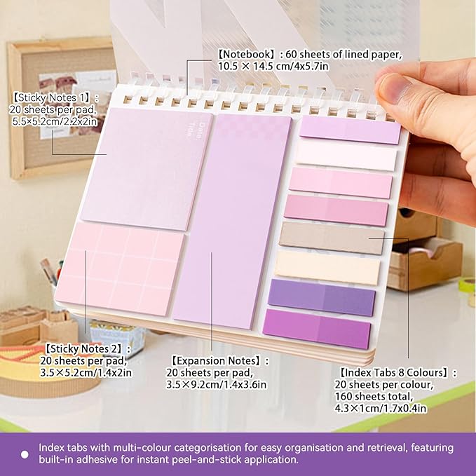 2Pcs Multi-Functional Sticky Note Combination Notebook, 220 Stickers +60 Inner Pages. Suitable for Office and Study Supplies (Pink)