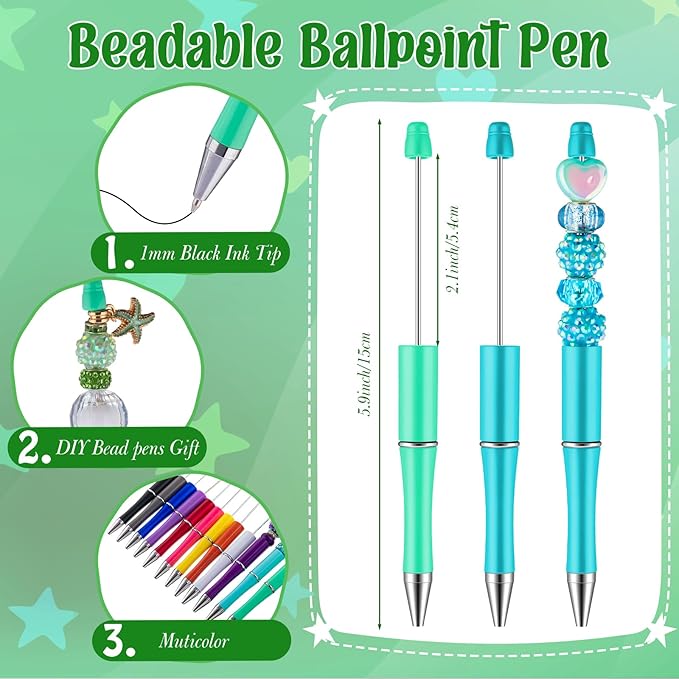 24 Pcs DIY Beadable Kit Include 12 Beadable Ballpoint Pen Black Ink 12 Bead DIY Badge Reel Retractable ID Name with Belt Clip Holder for Nurse Teacher Making Gift Office School Supplies
