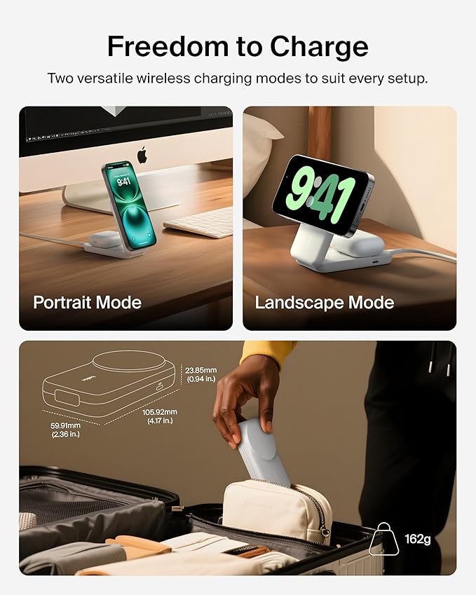 Belkin MagSafe Charger Compatible, 2-in-1 Charging Station, Qi2.2 25W Magnetic Wireless Charger Dock, Foldable Stand, with 5W USB-C Port, for iPhone 17/16/15, Pixel 10, AirPods (45W Adapter Included)