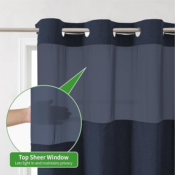 Extra Long No Hooks Needed Linen Textured Shower Curtain with Snap-in Fabric Liner Set,White Hotel Luxury Decor Shower Curtains for Bathroom,Waterproof & Washable,71Wx86H,Navy Blue