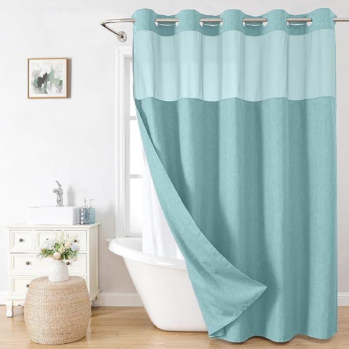 Extra Long No Hooks Needed Linen Textured Shower Curtain with Snap-in Fabric Liner Set,White Hotel Luxury Decor Shower Curtains for Bathroom,Waterproof & Washable,71Wx86H,Teal