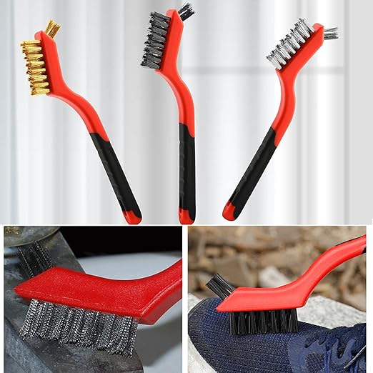 Wire Brush 9Pcs Metal Scrubber - Nylon/Brass/Stainless Steel Bristles with Curved Handle Grip for Cleaning Rust Removal, Dirt, Paint Scrubbing with Deep Cleaning – 7 Inches