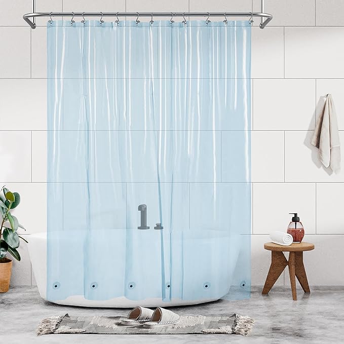 Barossa Design Clear Blue Shower Curtain Liner - PEVA Heavy Duty Shower Liner with 6 Magnets and Metal Grommets, 72" x 72" Waterproof Bathroom Curtains - Clear Blue