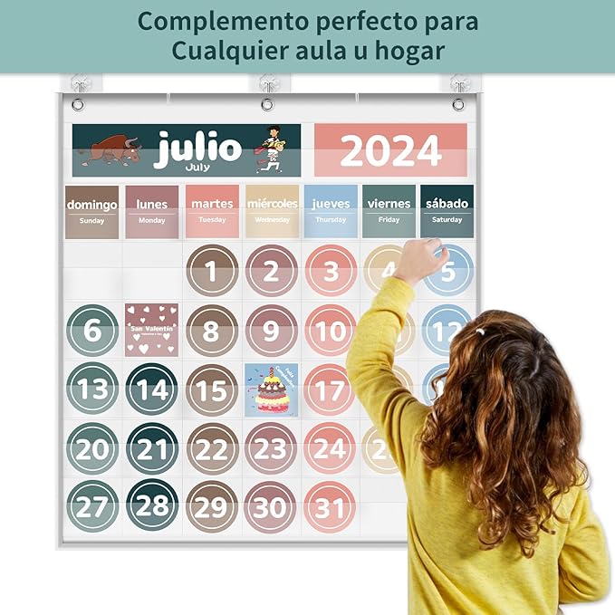 Monthly Calendar Pocket Chart for Classroom, Printed Days of The Week with Cards, Learning for Home or Kindergarten, Teacher Must Have Supplies That Fits Any School Décor (Spanish White)
