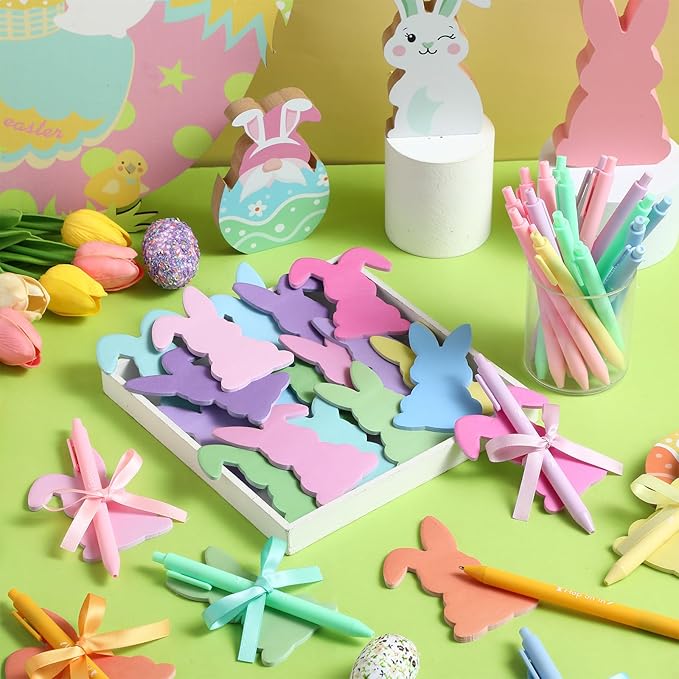 24 Set Easter Bunny Sticky Notes and Pens Set Easter Gifts Colorful Rabbit Self Sticky Note with Pens Rabbit Memo Pads for Classroom Office Supplies Goodies Bag Basket Stuffer Prizes