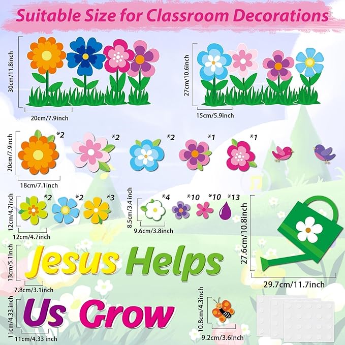 Spring Bulletin Board Decoration Set Jesus Borders Cutouts Religious Bulletin Board Sets for VBS 2025 Sunday School Bible Classroom Door Christian Welcome Craft Home Wall (Jesus Helps Us Grow)