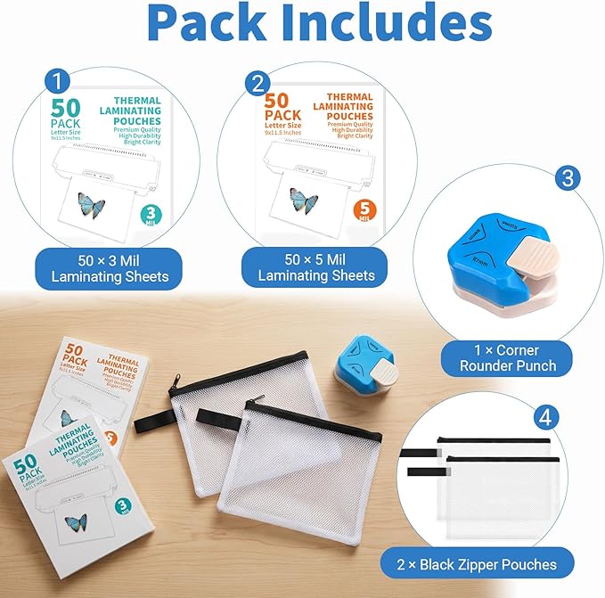 Binditek Laminating Sheets Bundle, 100 Pack Letter Size (50 x 3 Mil + 50 x 5 Mil) Thermal Laminating Pouches 8.5 x 11, with Corner Rounder & 2 Storage Folders, Office & Classroom Laminating Supplies