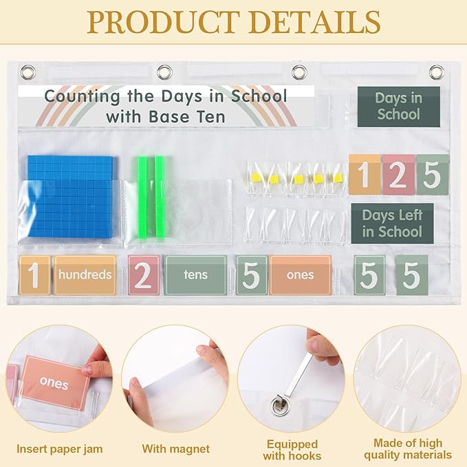 Back to School Counting The Days with Base Ten Pocket Chart Place Value, Counting Caddie Pocket Chart for Classroom Bulletin Board School or Home Decor, 4 Hooks (Colorful,Boho Style)